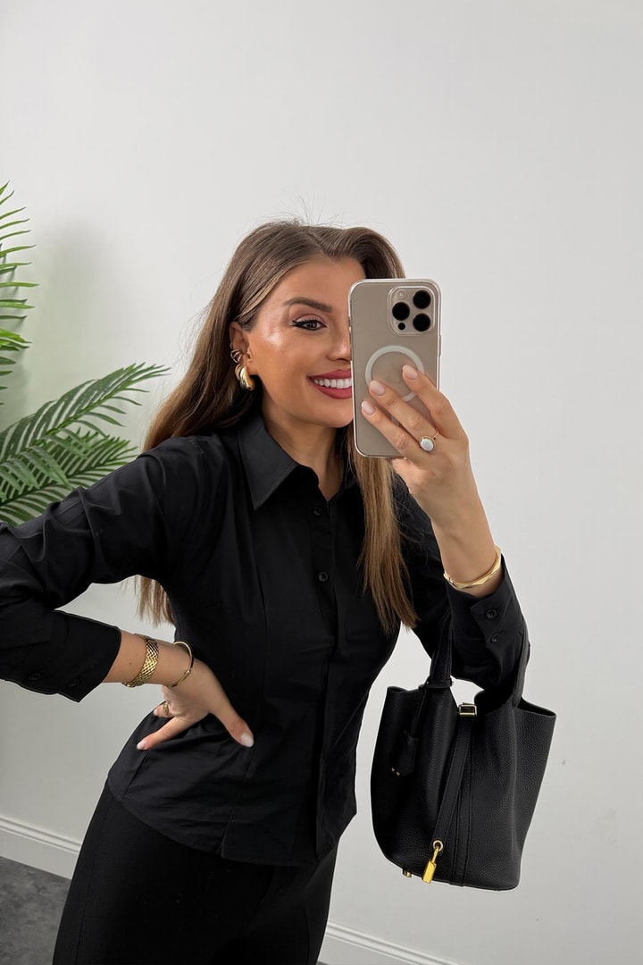 Bebe Marka Lüx Kalite Belden Oturtmalı Basic Gömlek Siyah 
