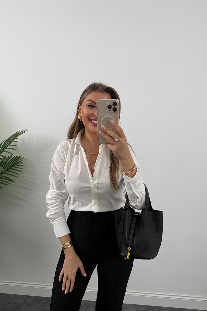 Bebe Marka Lüx Kalite Belden Oturtmalı Basic Gömlek Beyaz