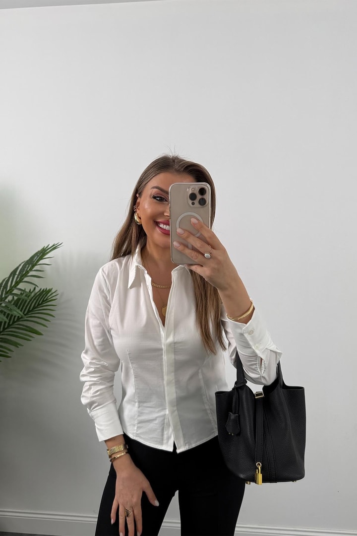 Bebe Marka Lüx Kalite Belden Oturtmalı Basic Gömlek Beyaz