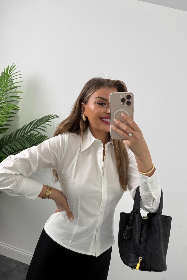 Bebe Marka Lüx Kalite Belden Oturtmalı Basic Gömlek Beyaz