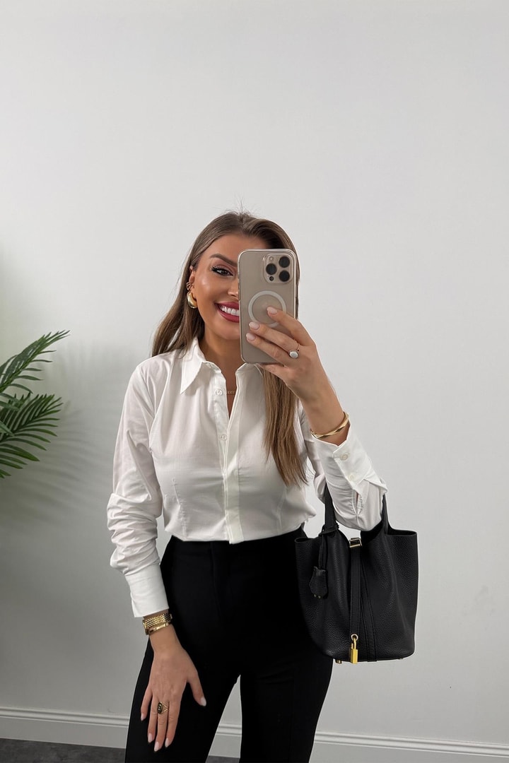 Bebe Marka Lüx Kalite Belden Oturtmalı Basic Gömlek Beyaz