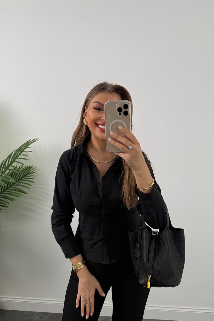 Bebe Marka Lüx Kalite Belden Oturtmalı Basic Gömlek Siyah 
