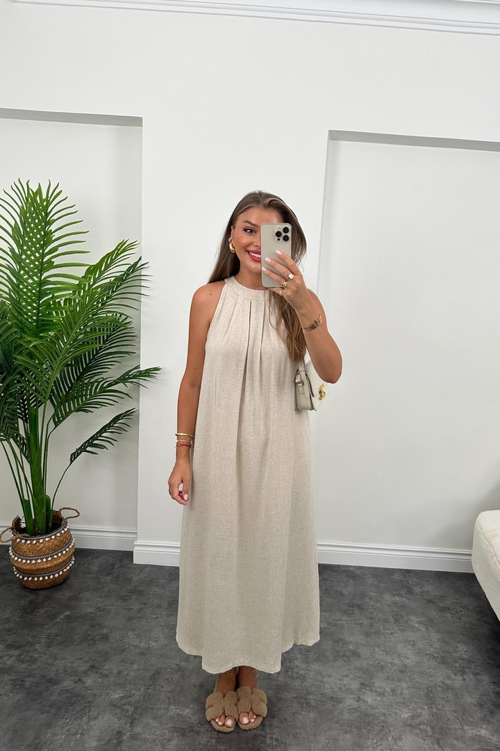 Bebe Marka Maxi Boy Naturel Keten Elbise