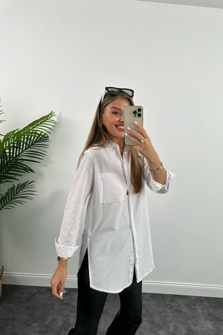 Bebe Plus Yanı Yırtmaçlı Uzun Poplin Gömlek