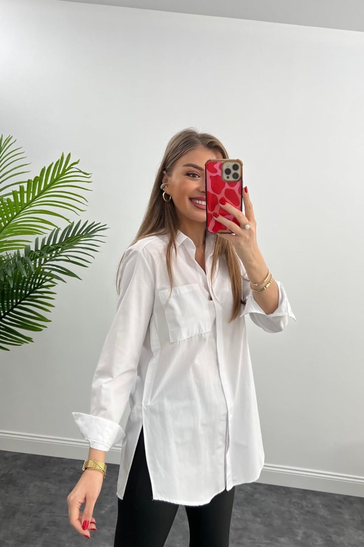 Bebe Plus Yanı Yırtmaçlı Uzun Poplin Gömlek