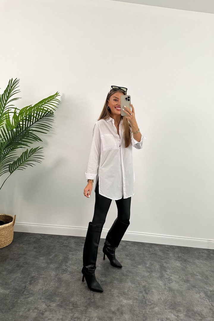 Bebe Plus Yanı Yırtmaçlı Uzun Poplin Gömlek