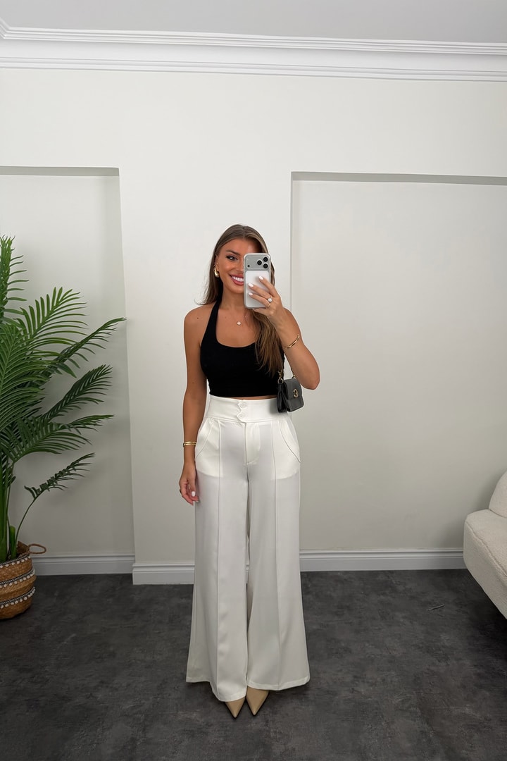 Beli Çift Düğmeli Çımalı Bol Paça Kumaş Pantolon Beyaz