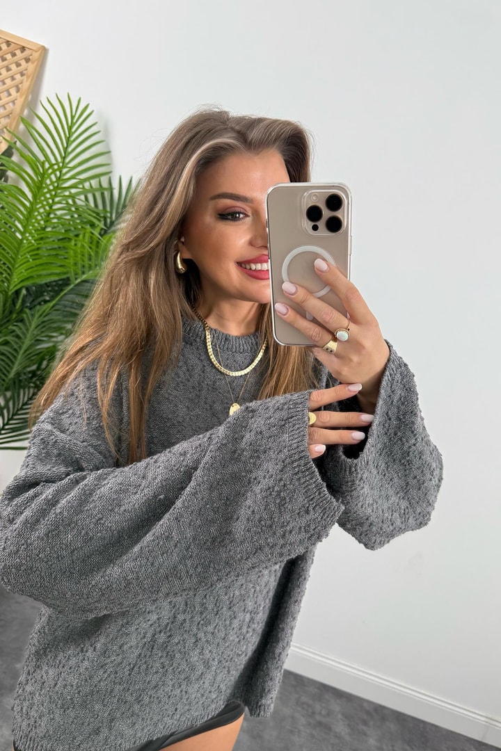 Buklet Triko Pinterest Model Geniş Kol Salaş Kazak Antrasit