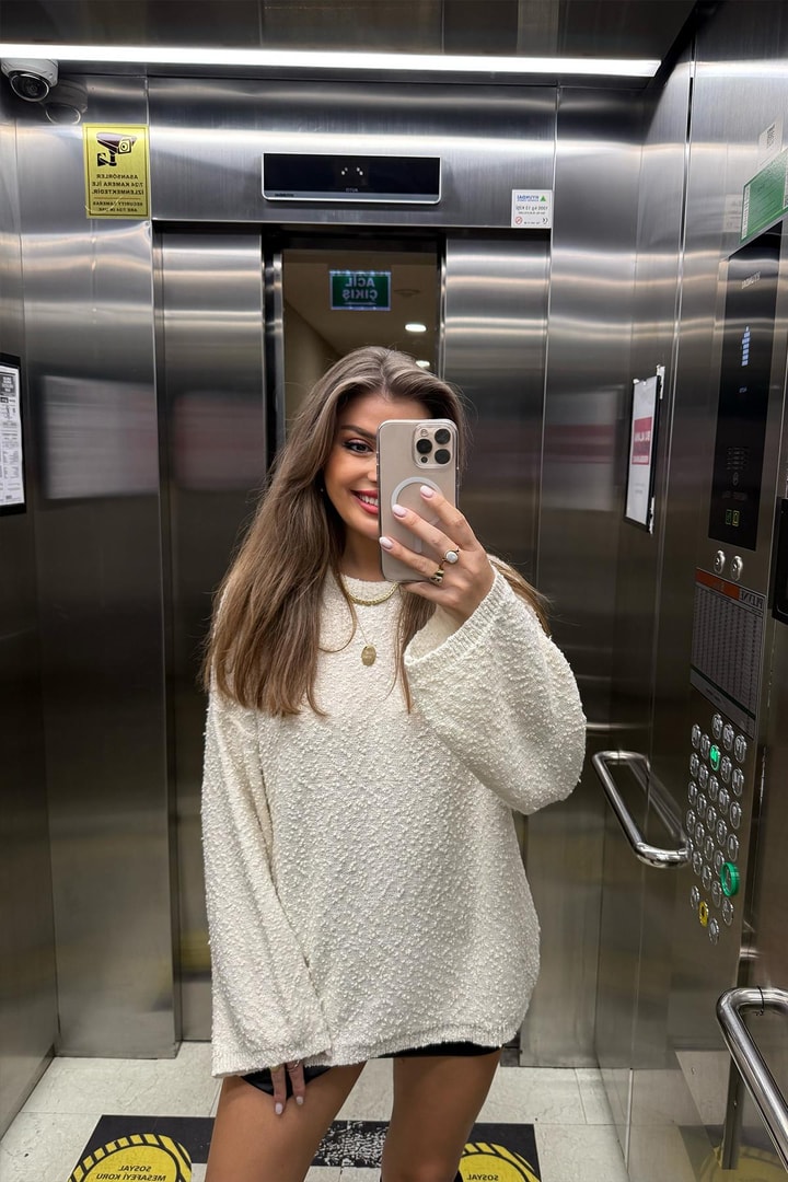 Buklet Triko Pinterest Model Geniş Kol Salaş Kazak Naturel