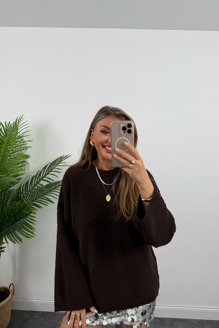 Buklet Triko Pinterest Model Geniş Kol Salaş Kazak Acı Kahve