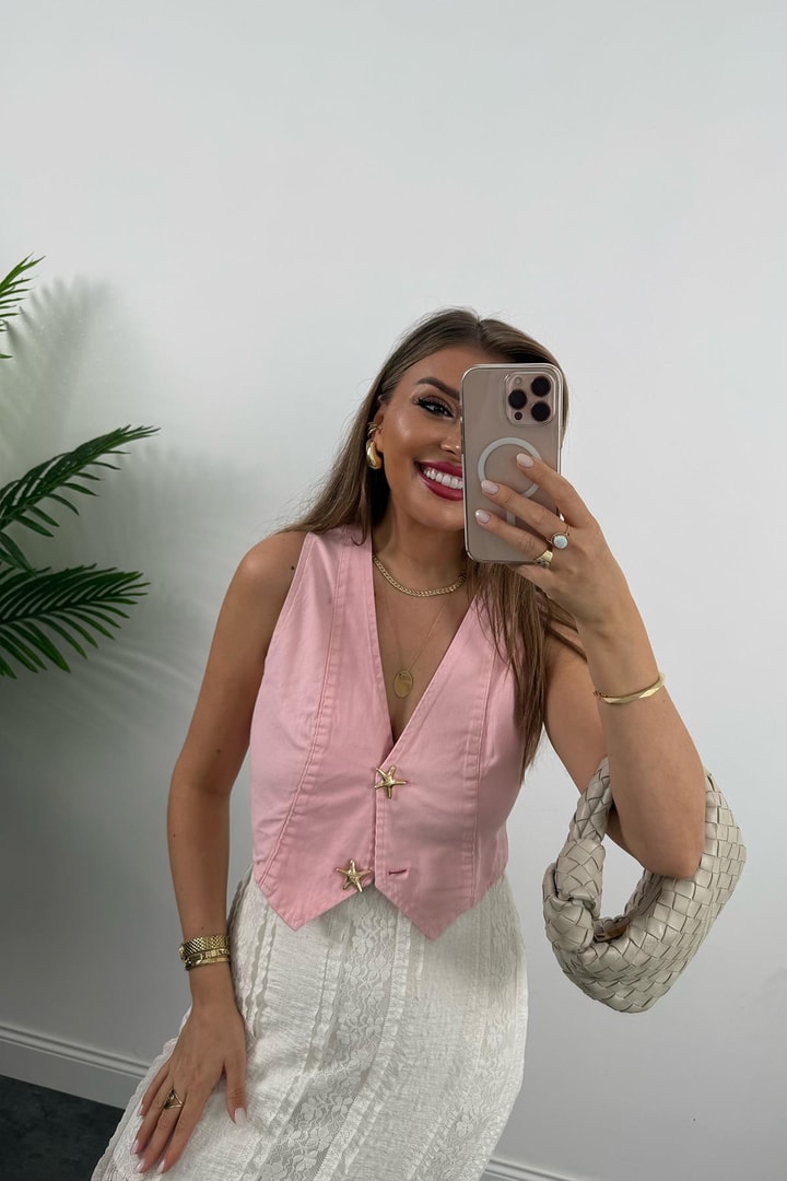 Deniz Yıldızı Düğmeli %100 Pamuklu İnce Jean Yelek Pembe