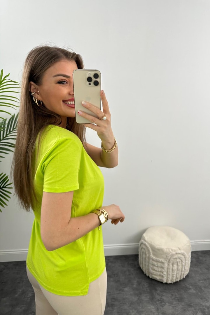 Dilvin Tam Pamuklu V Yaka Basic Tshirt Lime