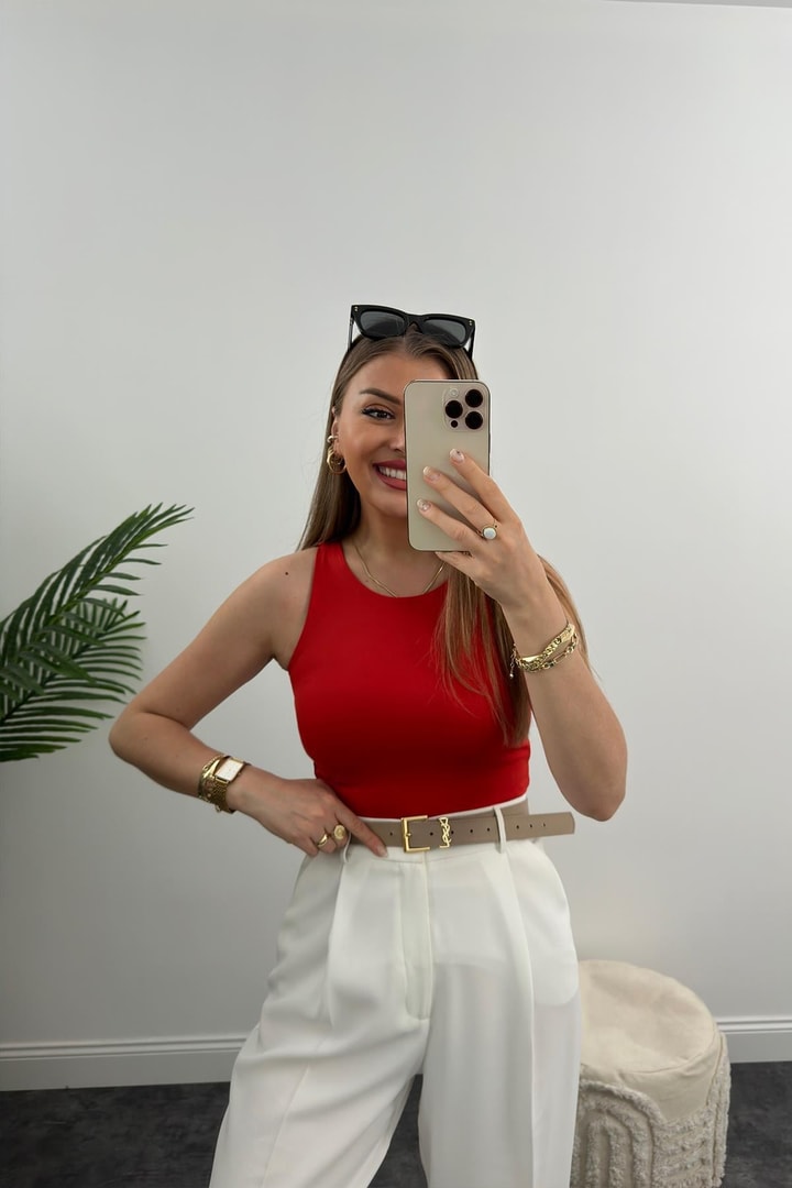 Double Kumaş Likralı Halter Yaka Crop Bluz Kırmızı