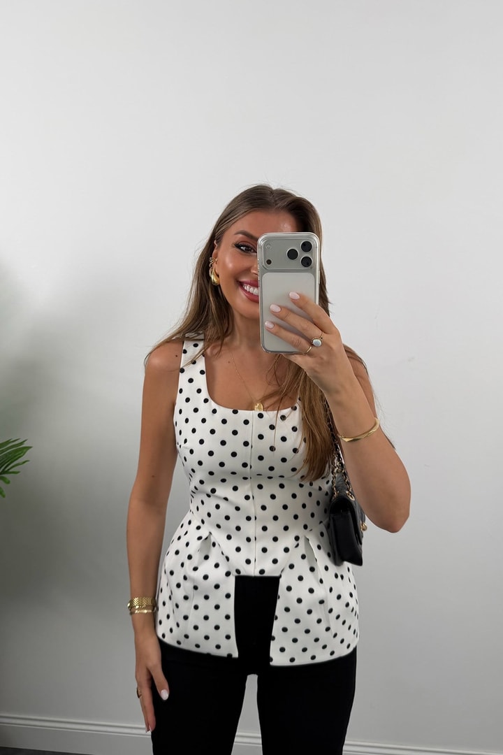 Double Kumaş Puantiyeli Kare Yak Peplum Bluz Beyaz