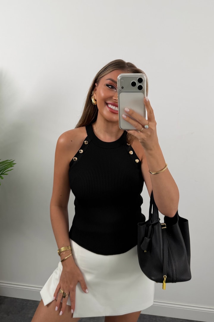 Elit Triko Gold Düğmeli Reglan Kol Bluz Siyah