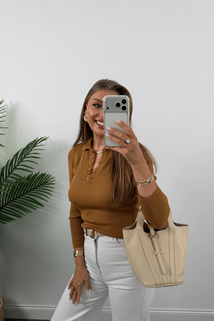 Fitilli Polo Yaka İnce Triko Camel