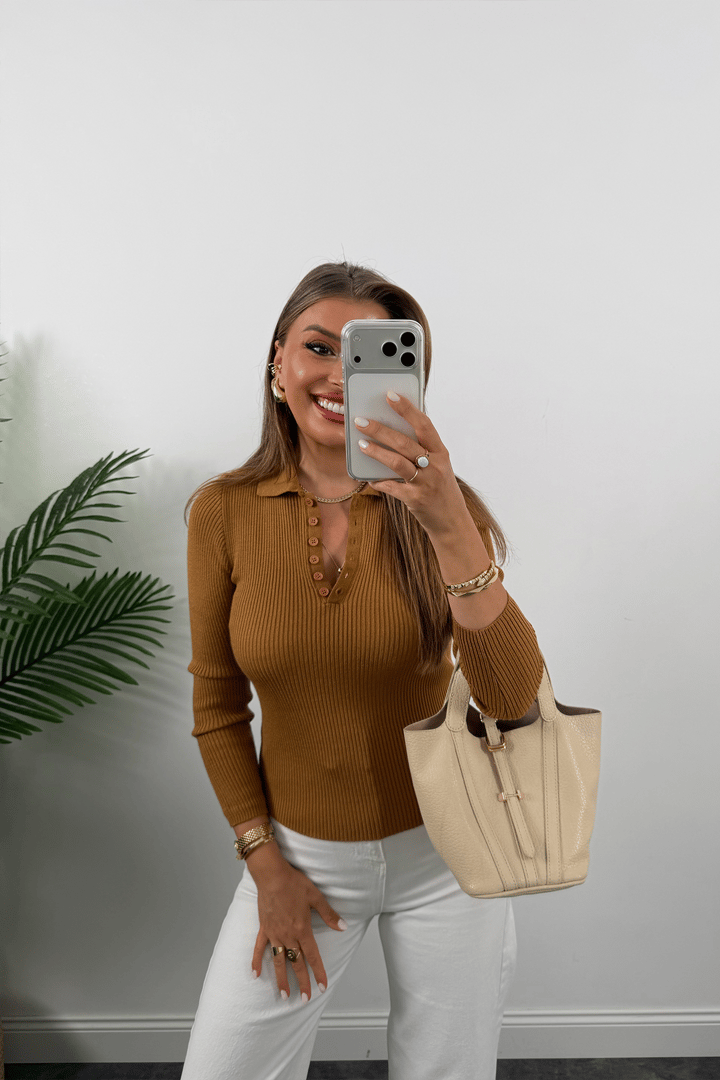 Fitilli Polo Yaka İnce Triko Camel