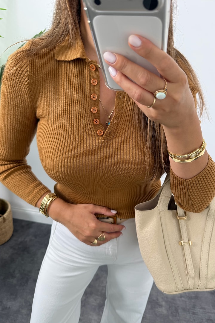 Fitilli Polo Yaka İnce Triko Camel