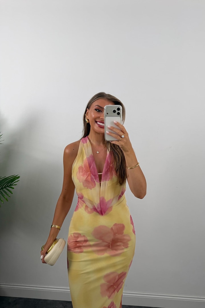 Floral Desen Likralı Maxi Tül Elbise Sarı Pembe