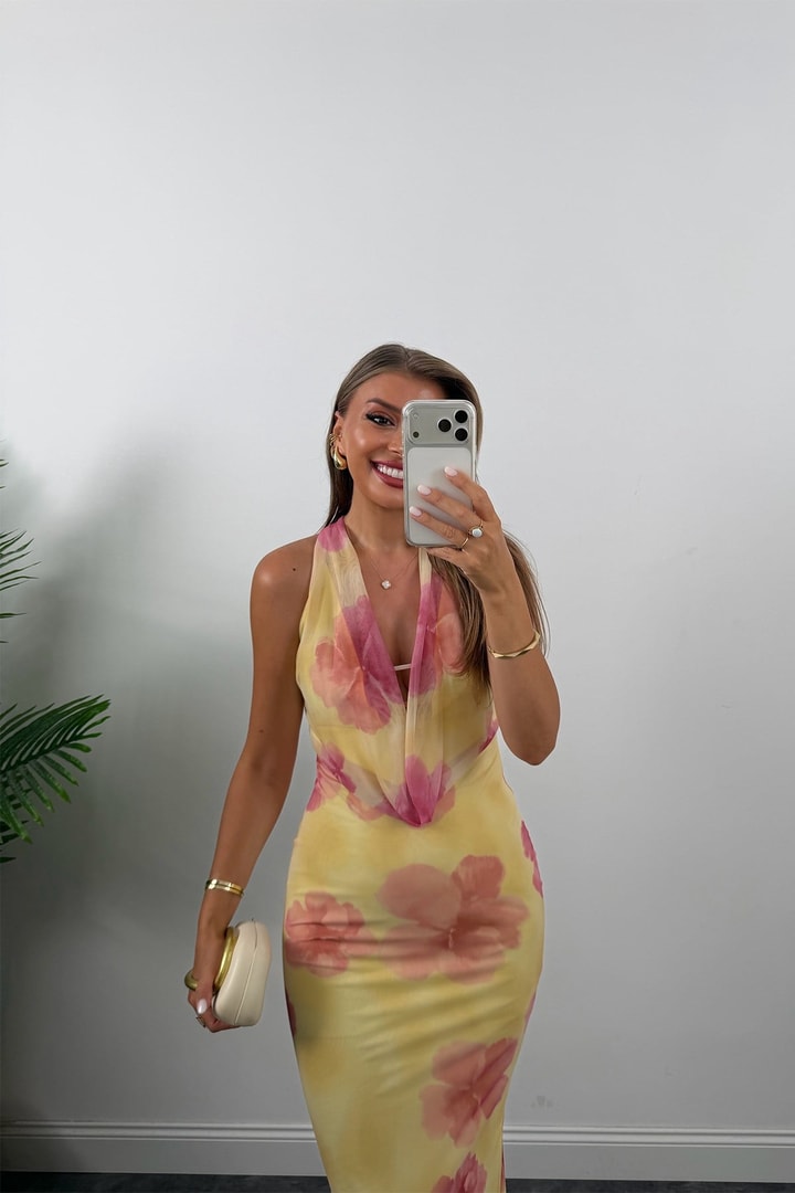 Floral Desen Likralı Maxi Tül Elbise Sarı Pembe