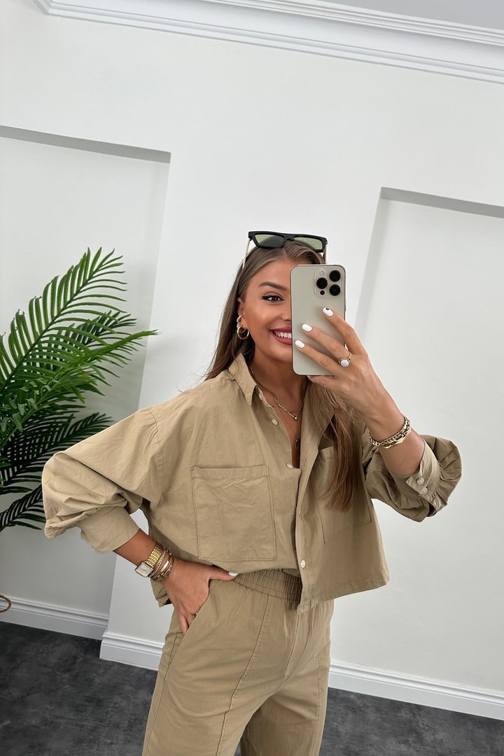Galia Premium Kalite Gömlek Jogger Pantolon Takım Olive Vizon 