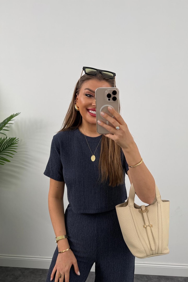 Giy Çık Panama Likralı Gofre Takım İndigo