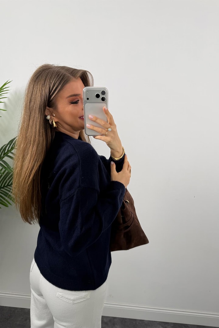 Gold Düğmeli Yumoş Basic Triko Kazak Lacivert