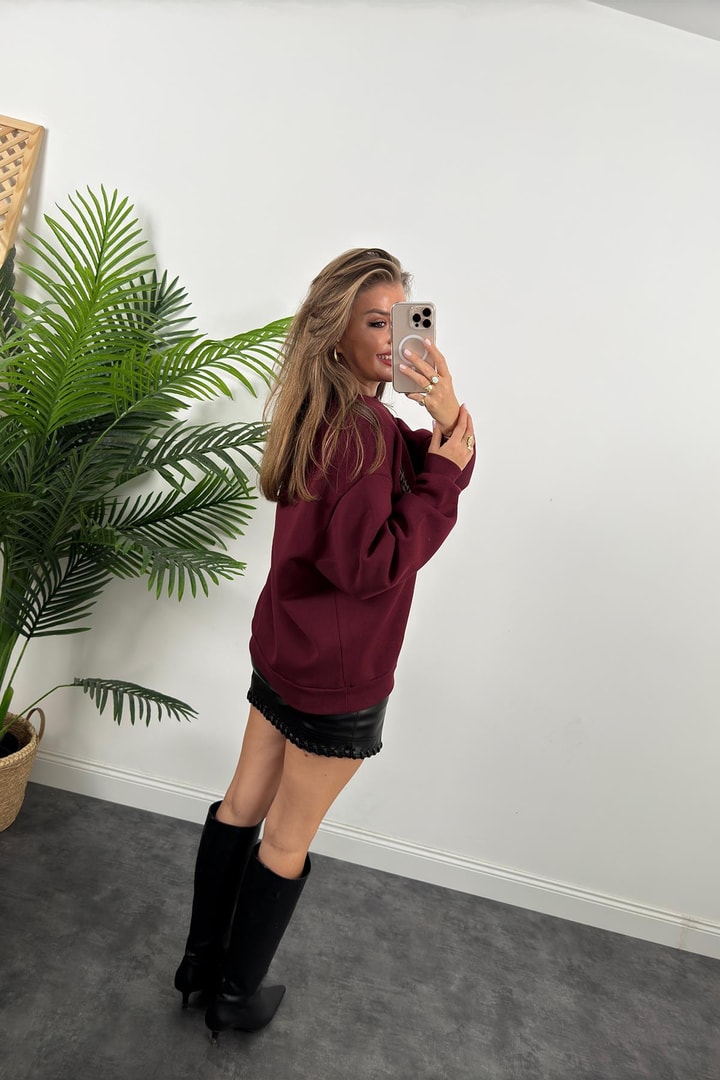 Hola Lüx Kalite 3 İplik Tam Pamuklu Sweatshirt Bordo