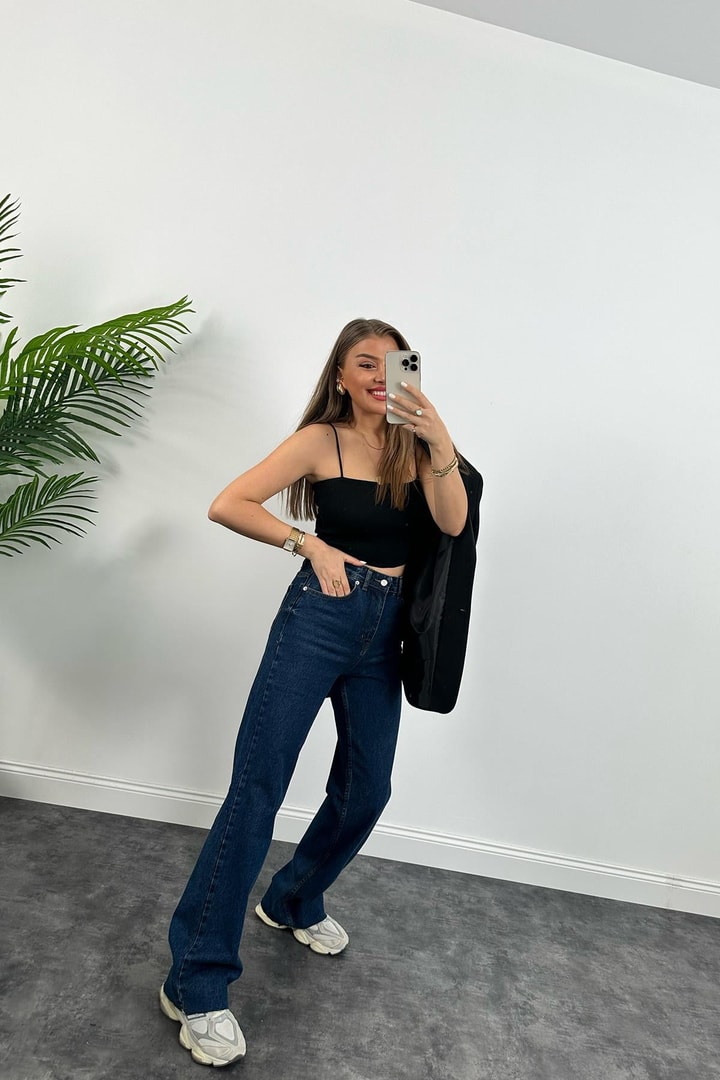 İp Askılı Elit Triko Crop Top Siyah 