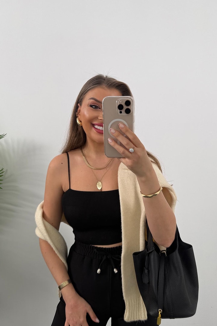 İthal Kumaş Beli Lastikli Atlas Jogger Pantolon Siyah