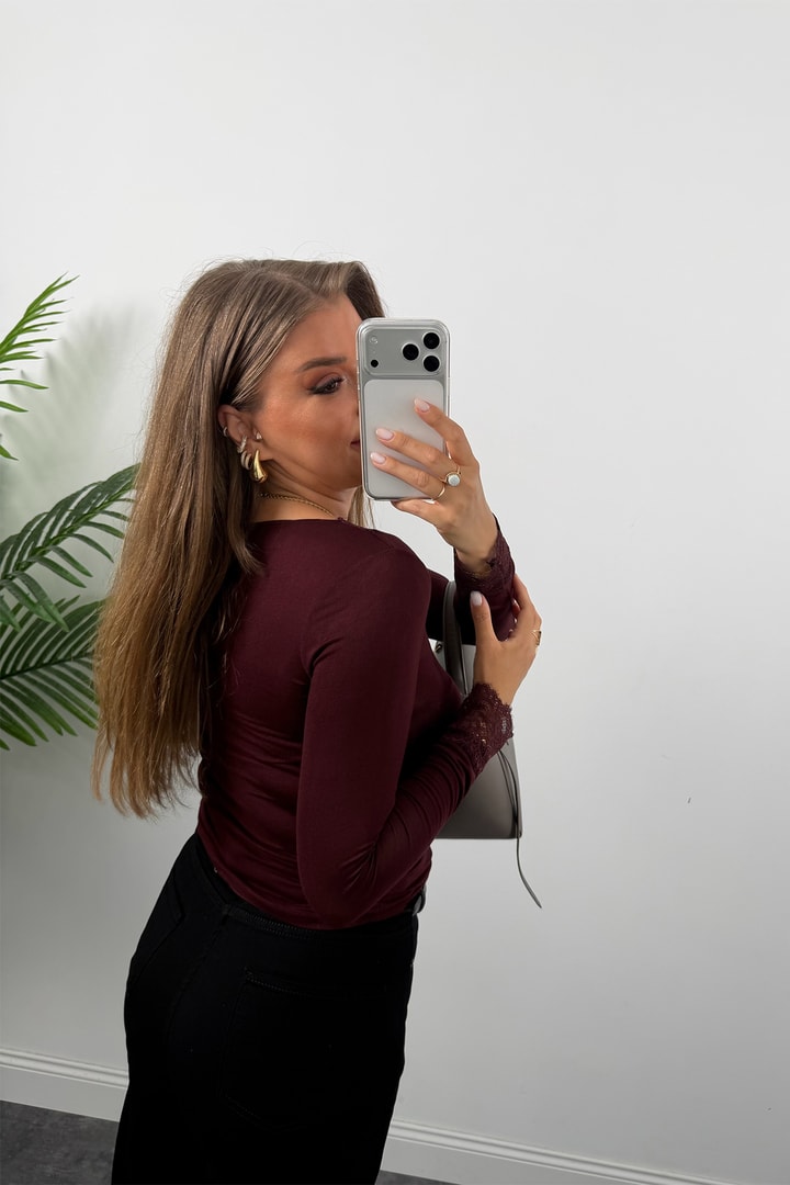 Kaşmir Dokulu V Yaka Dantelli Basic Bluz Bordo