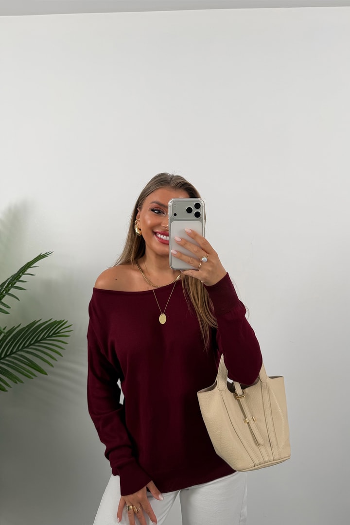 Kayık Yaka Baharlık İnce Triko Bordo