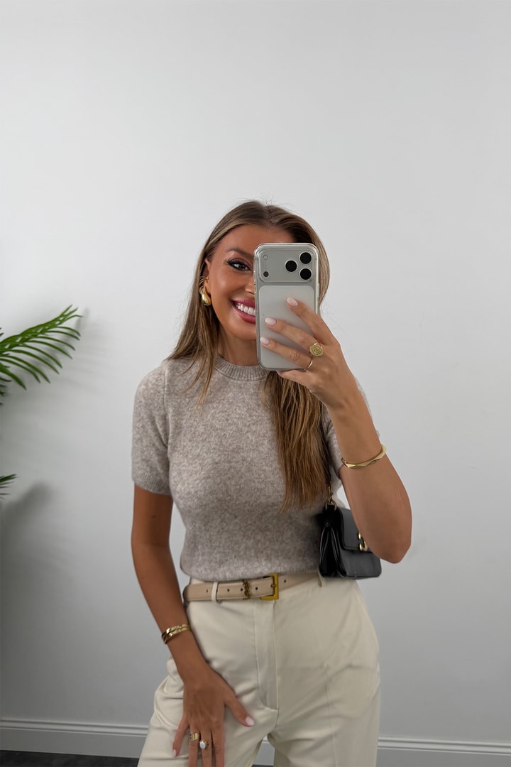 Kısa Kollu Basic Yumoş Triko Bej