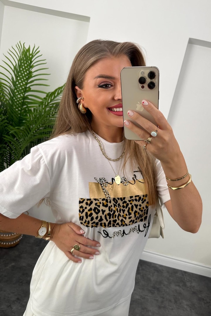 Leopar Gold Desenli Taş İşlemeli Basic Tshirt