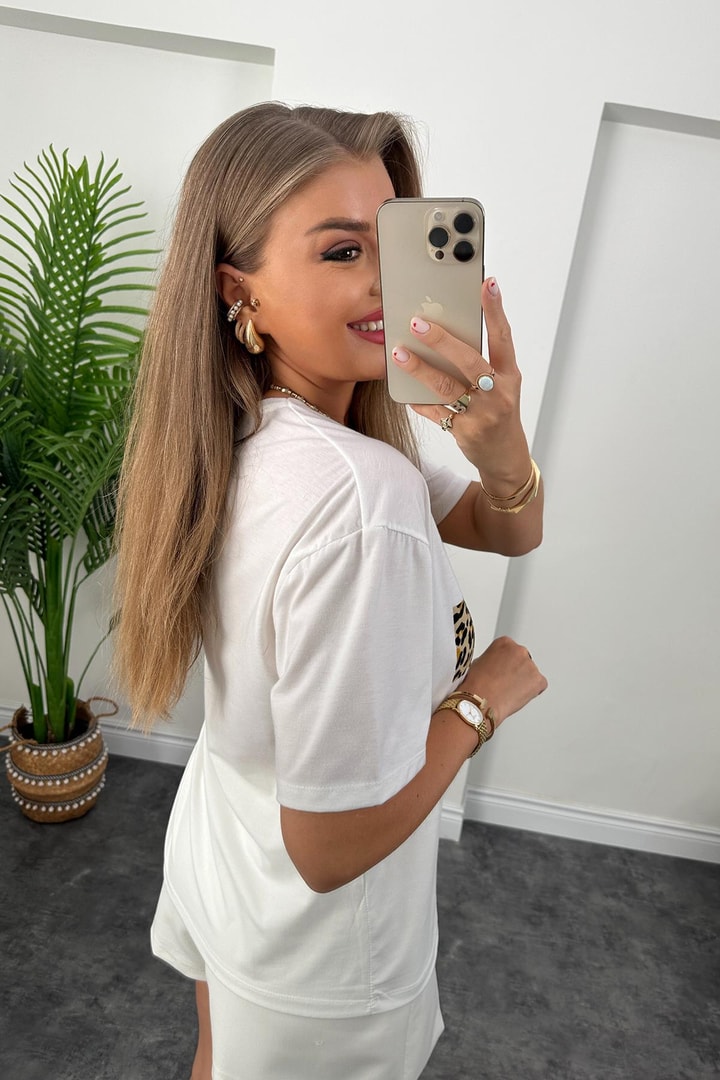 Leopar Gold Desenli Taş İşlemeli Basic Tshirt