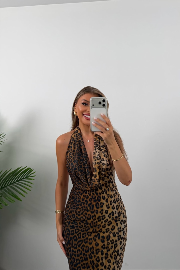 Likralı Degaje Yaka Leopar Tül Elbise 