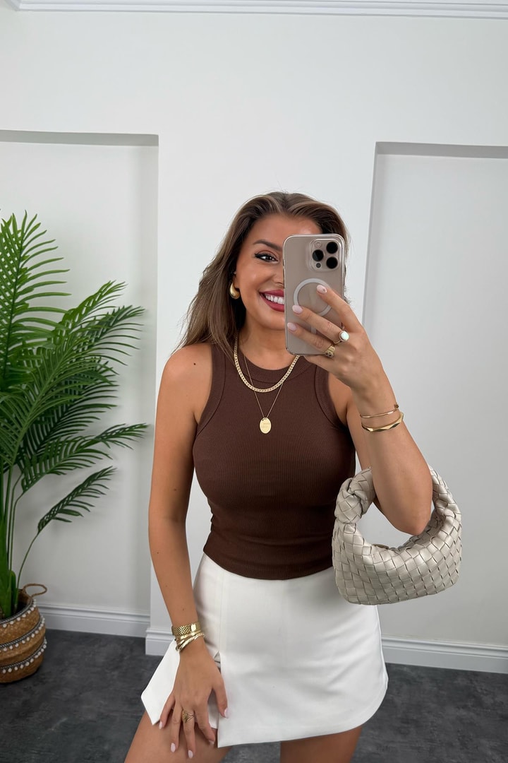 Likralı Fitilli Basic Halter Atlet Acı Kahve