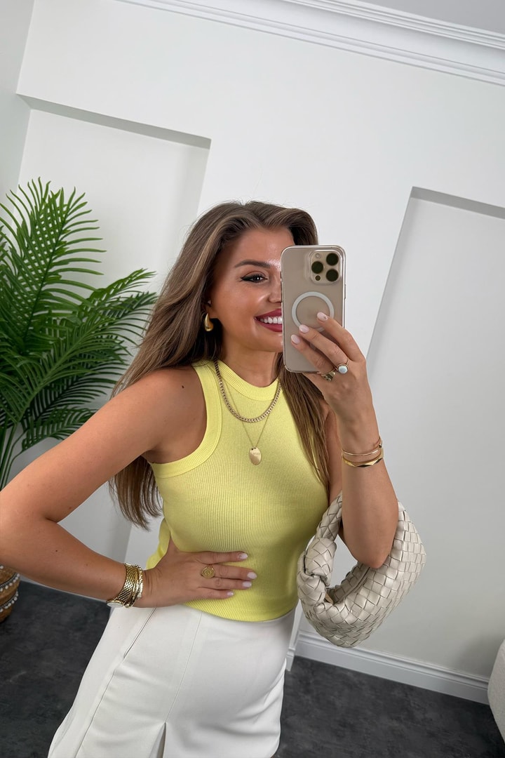 Likralı Fitilli Basic Halter Atlet Sarı