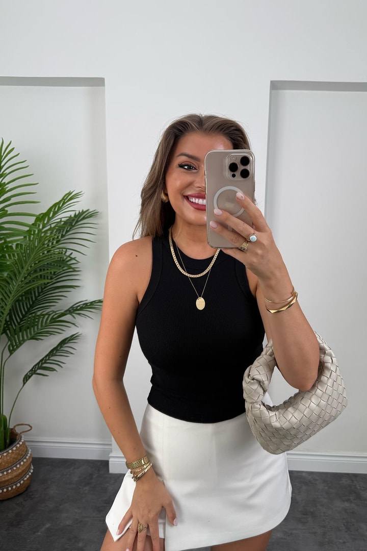 Likralı Fitilli Basic Halter Atlet Siyah