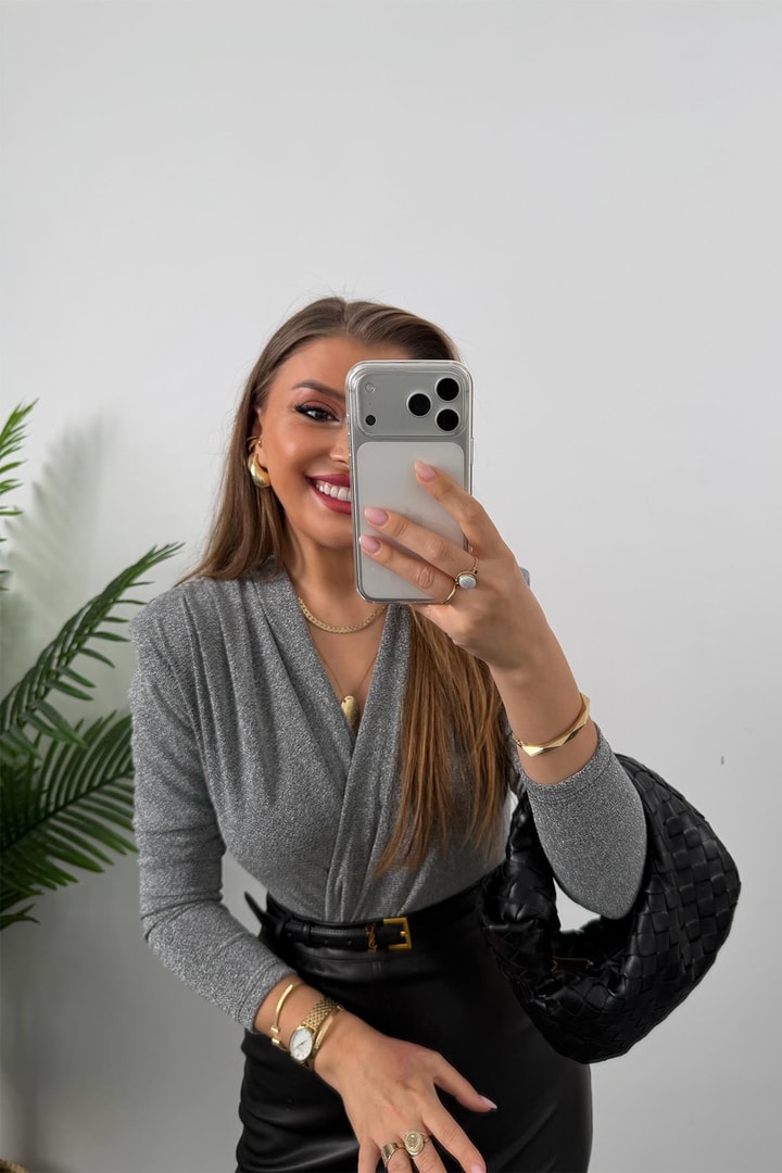 Likralı Vatkalı Işıltılı Boydsuit Gümüş