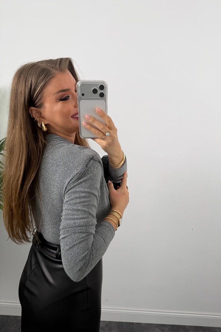 Likralı Vatkalı Işıltılı Boydsuit Gümüş