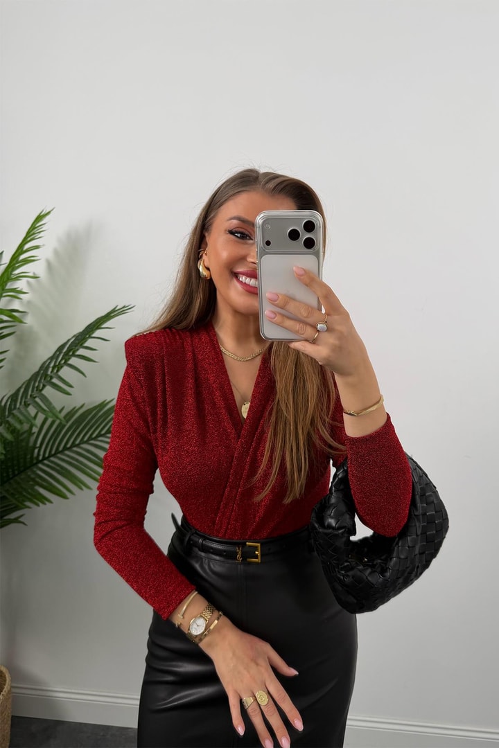 Likralı Vatkalı Işıltılı Boydsuit Kırmızı