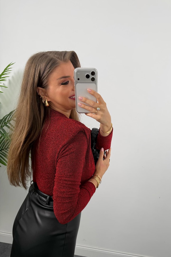 Likralı Vatkalı Işıltılı Boydsuit Kırmızı