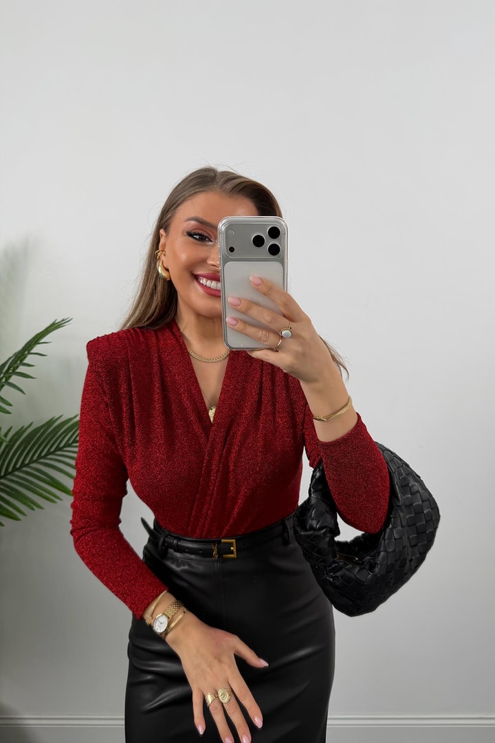 Likralı Vatkalı Işıltılı Boydsuit Kırmızı