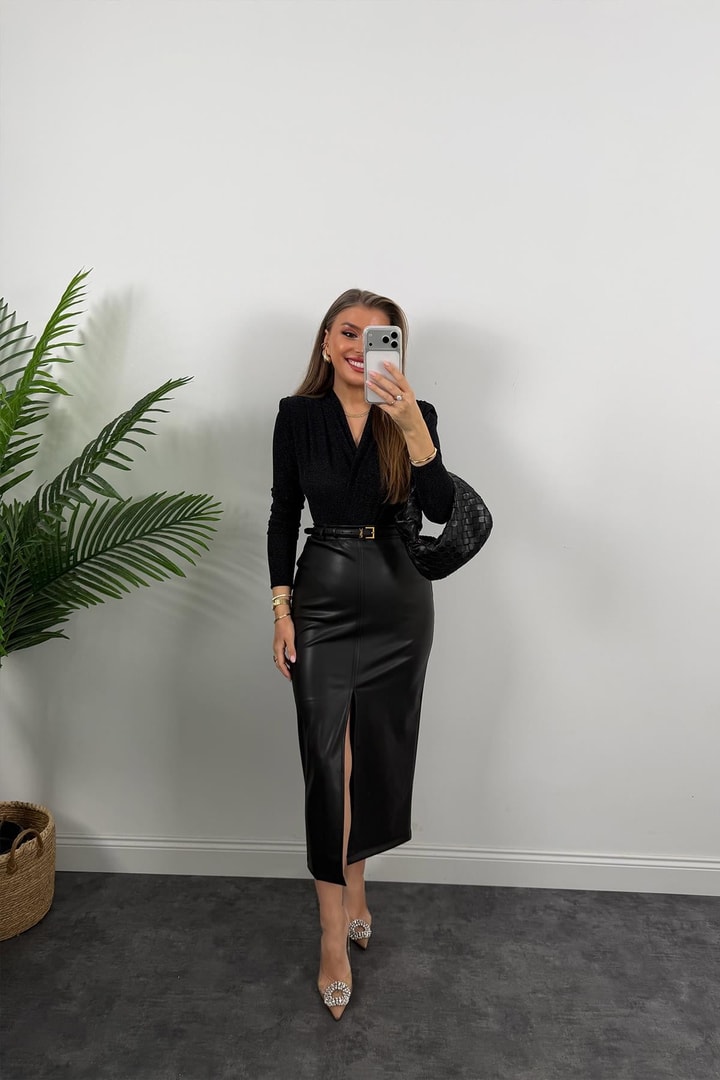 Likralı Vatkalı Işıltılı Boydsuit Siyah