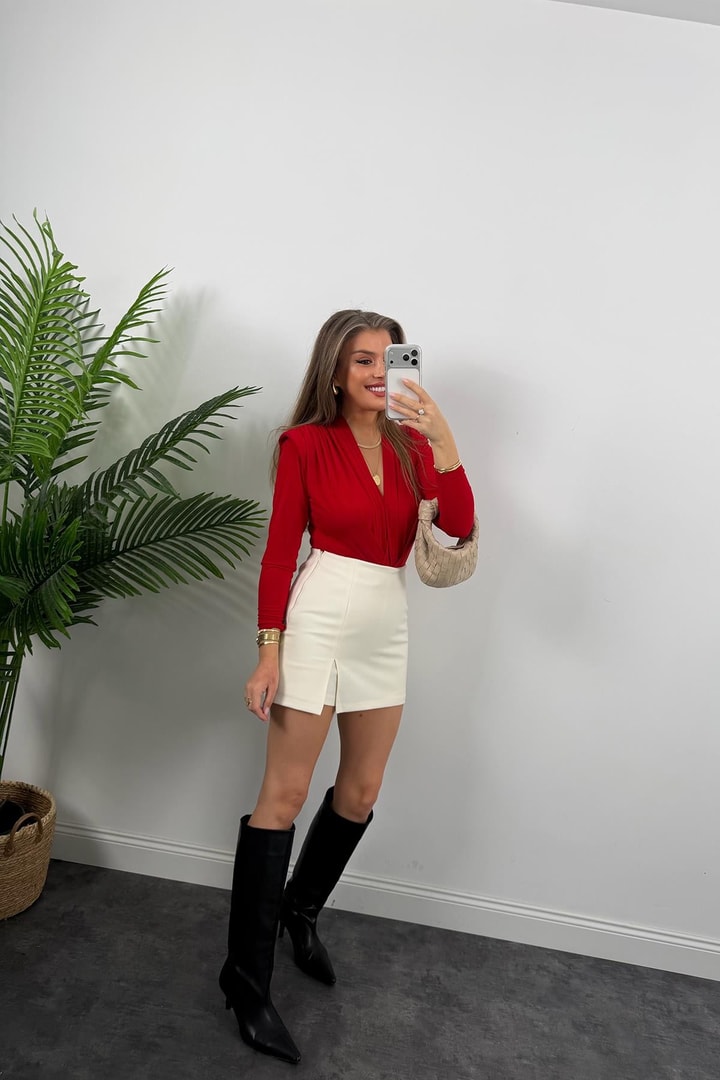Likralı Vatkalı Uzun Kol Bodysuit Kırmızı