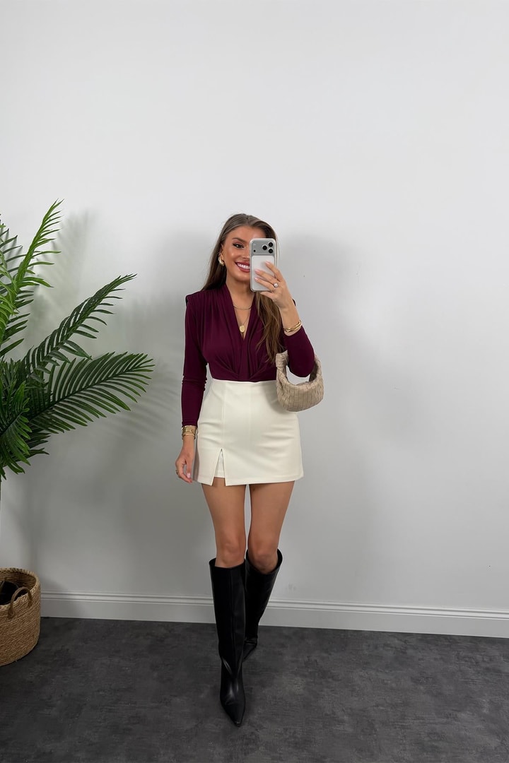 Likralı Vatkalı Uzun Kol Bodysuit Mürdümsü Bordo