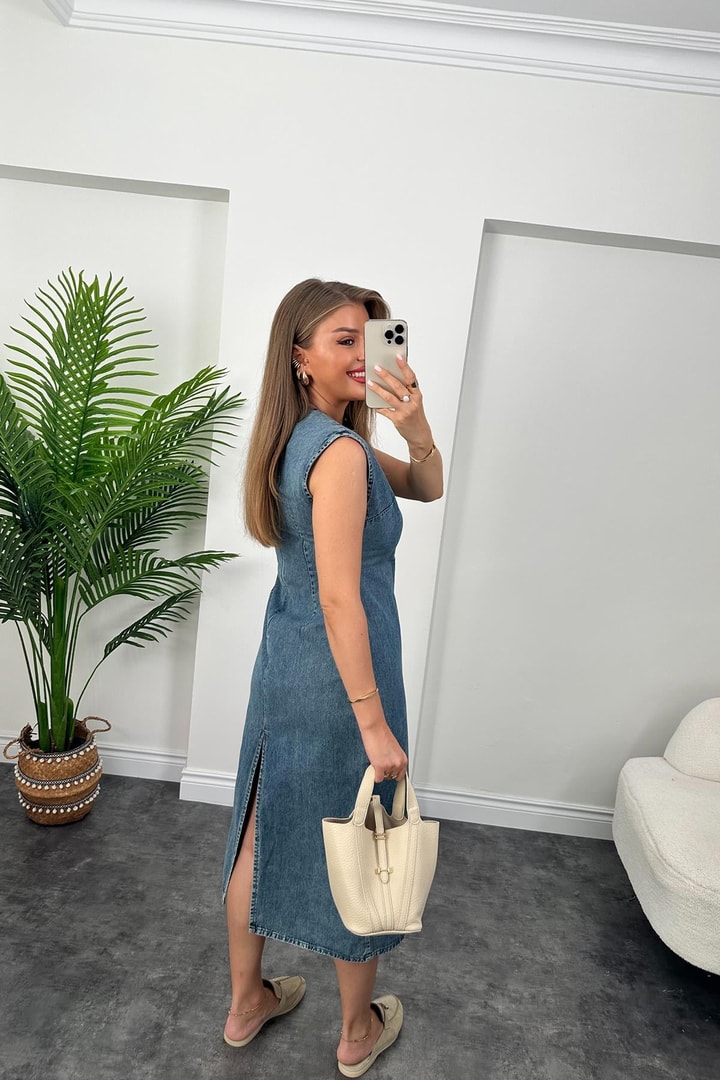 Lüx Kalite %100 Pamuklu Midi Boy Basic Jean Elbise