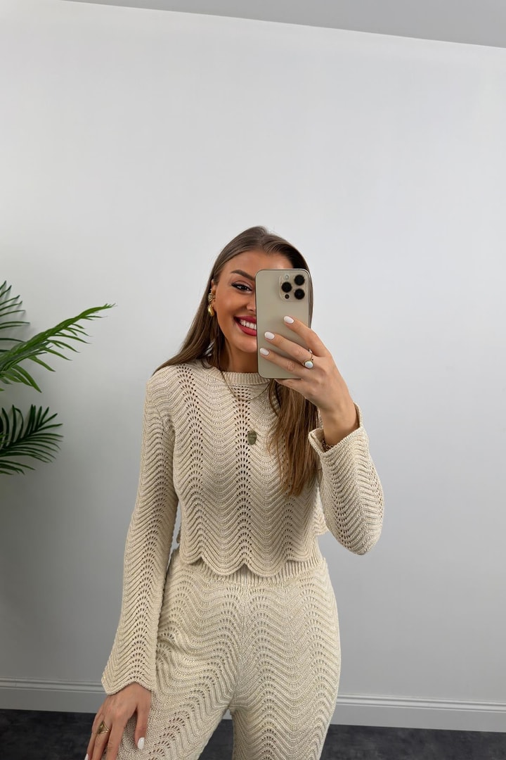 Lüx Kalite Astarlı Ajurlu Naturel Örme Takım