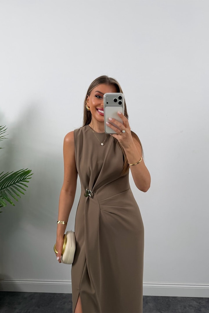 Lüx Kalite Bel Detaylı Drapeli Midi Boy Kalem Elbise Camel